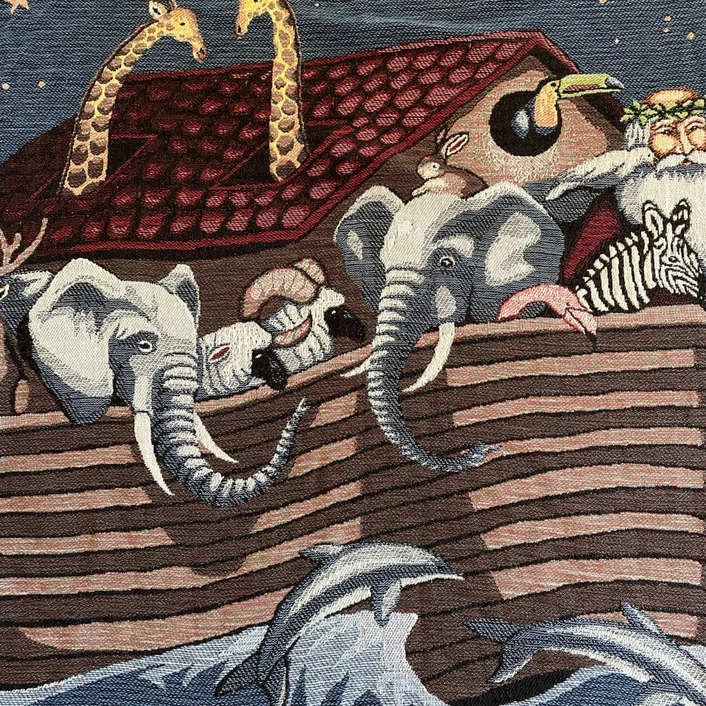 Vtg Woven Throw Blanket Noahs Ark Animals Fringed 65”x50”
